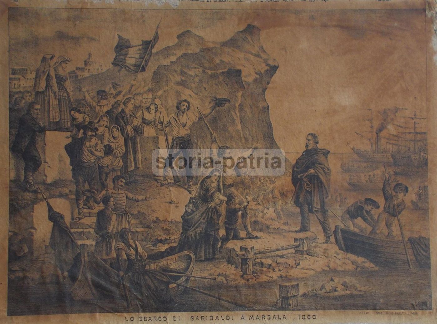 Litografia Antica Sbarco Di Garibaldi A Marsala 1860 Risorgimento