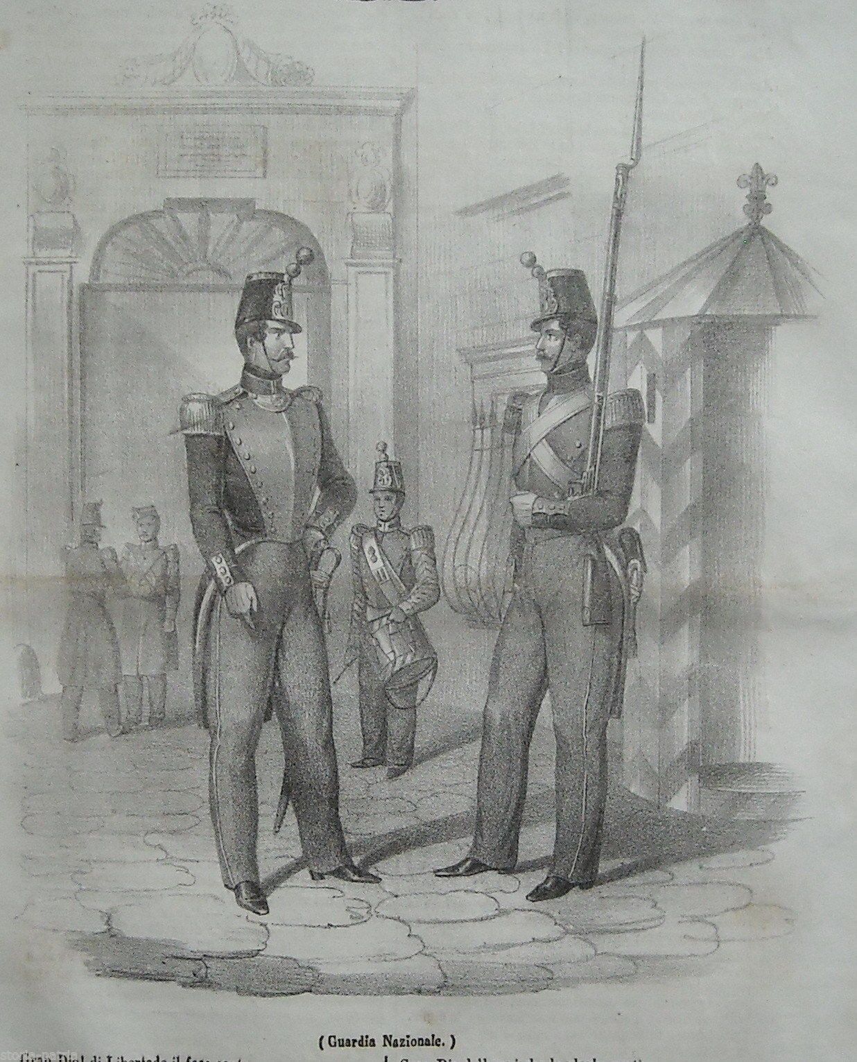Litografia Uniformi Guardia Nazionale 1848 Napoli Risorgimento