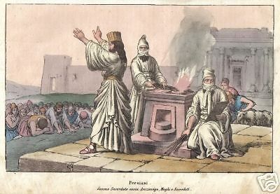 Riti Dell'Antica Persia: Maghi, Sacerdoti E Sacrifizi. Litografia Del XIX Secolo.