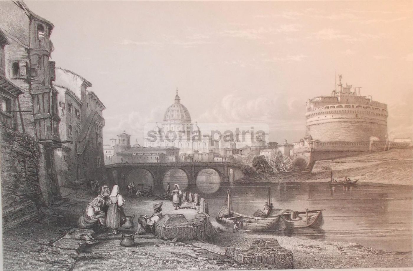 Incisione Antica Di Roma Con Castel Sant'Angelo, San Pietro E Acquaiole, 1847
