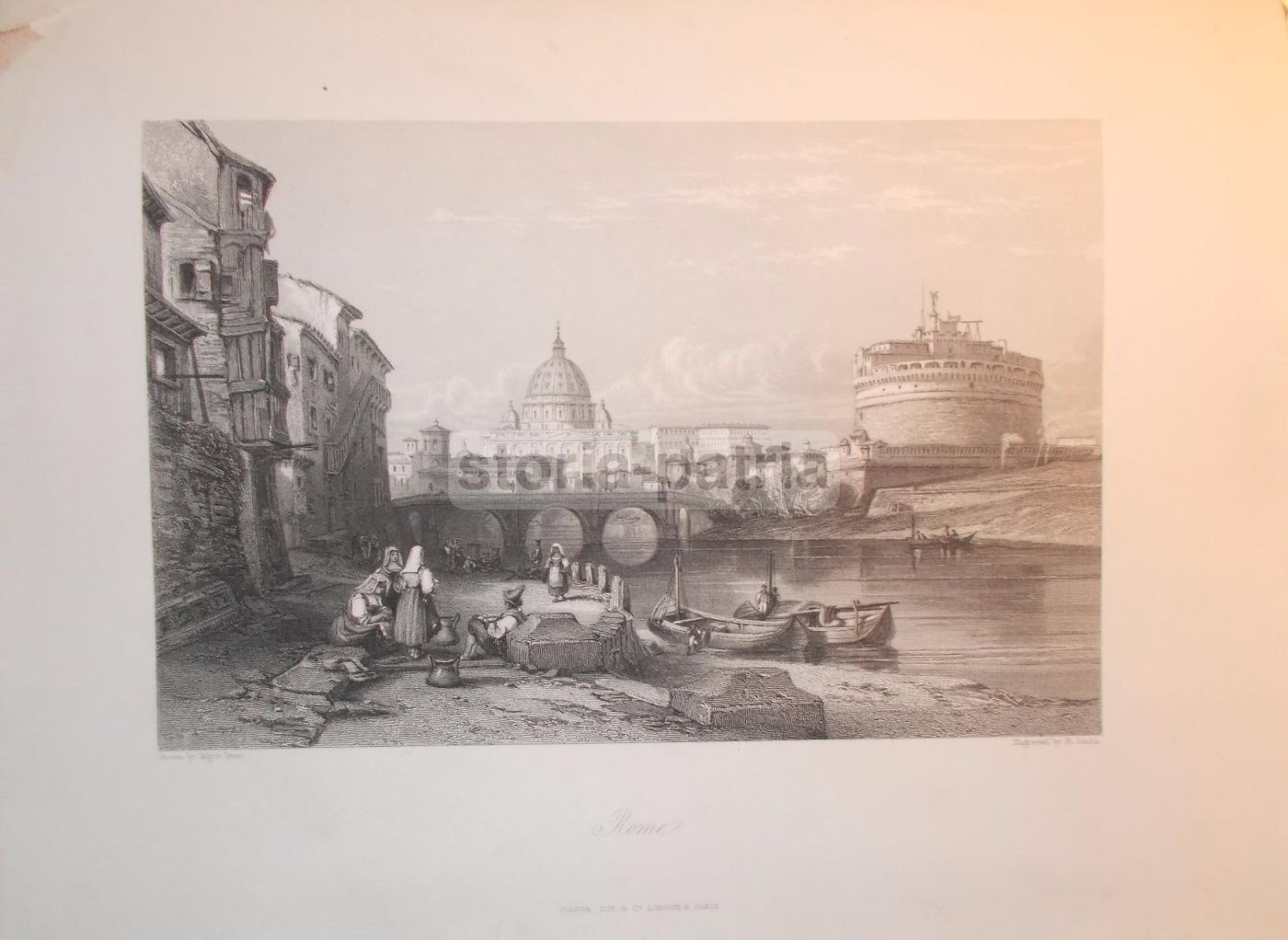 Incisione Antica Di Roma Con Castel Sant'Angelo, San Pietro E Acquaiole, 1847