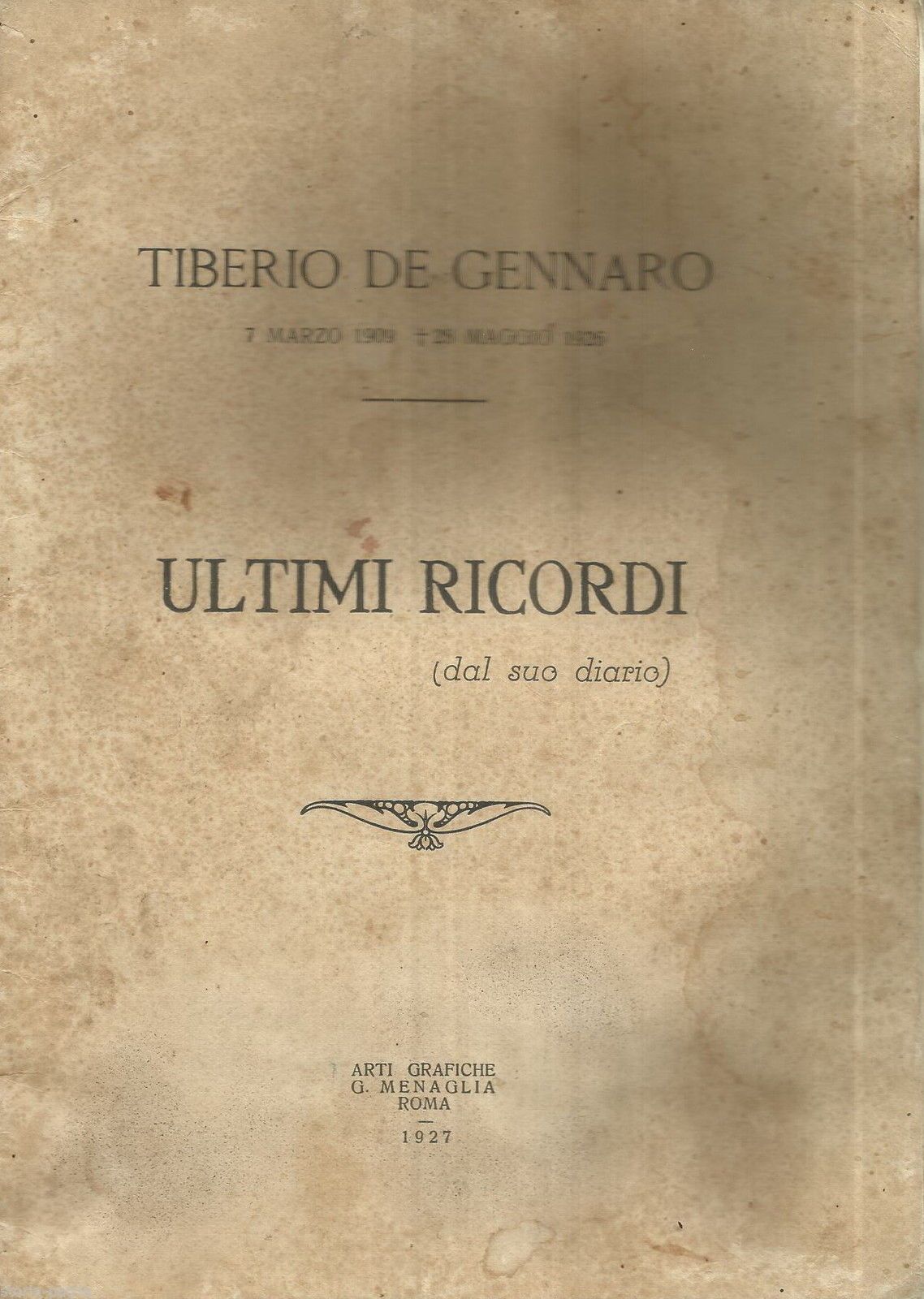 Necrologio Di Tiberio De Gennaro, 1927, Roma, Larino, Ugento, Molise. Raro.