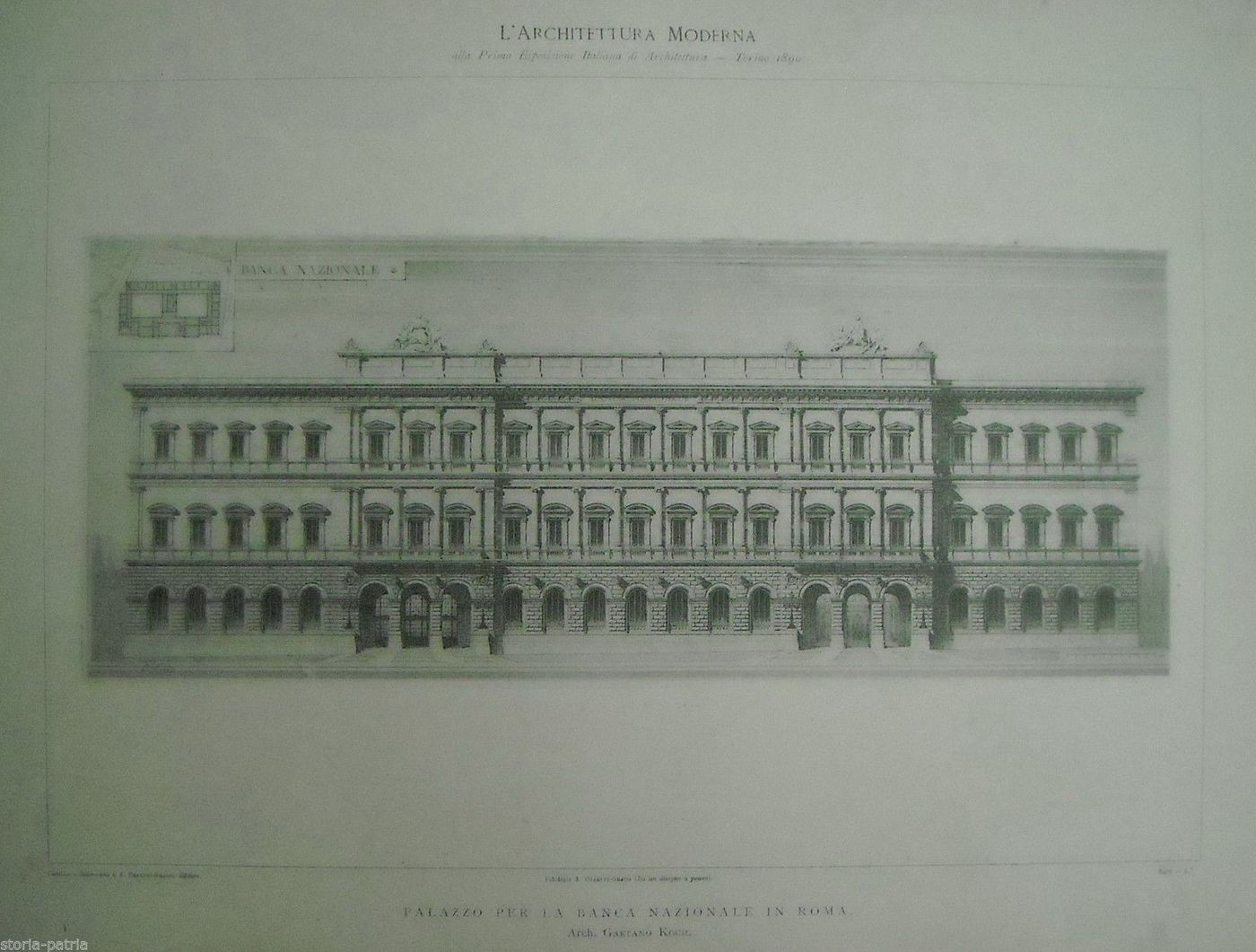 Stampa Antica Palazzo Banca Nazionale Roma, Architetto Gaetano Koch