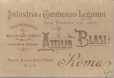 Business Card Attilio Blasi, Timber Trade, Rome, Late 1800s