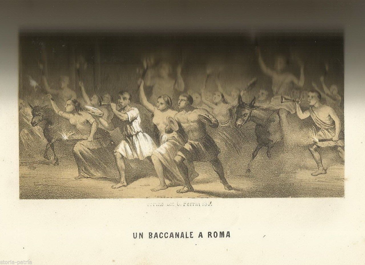 Baccanale A Roma, Litografia Originale Del 1857, Festa Animata