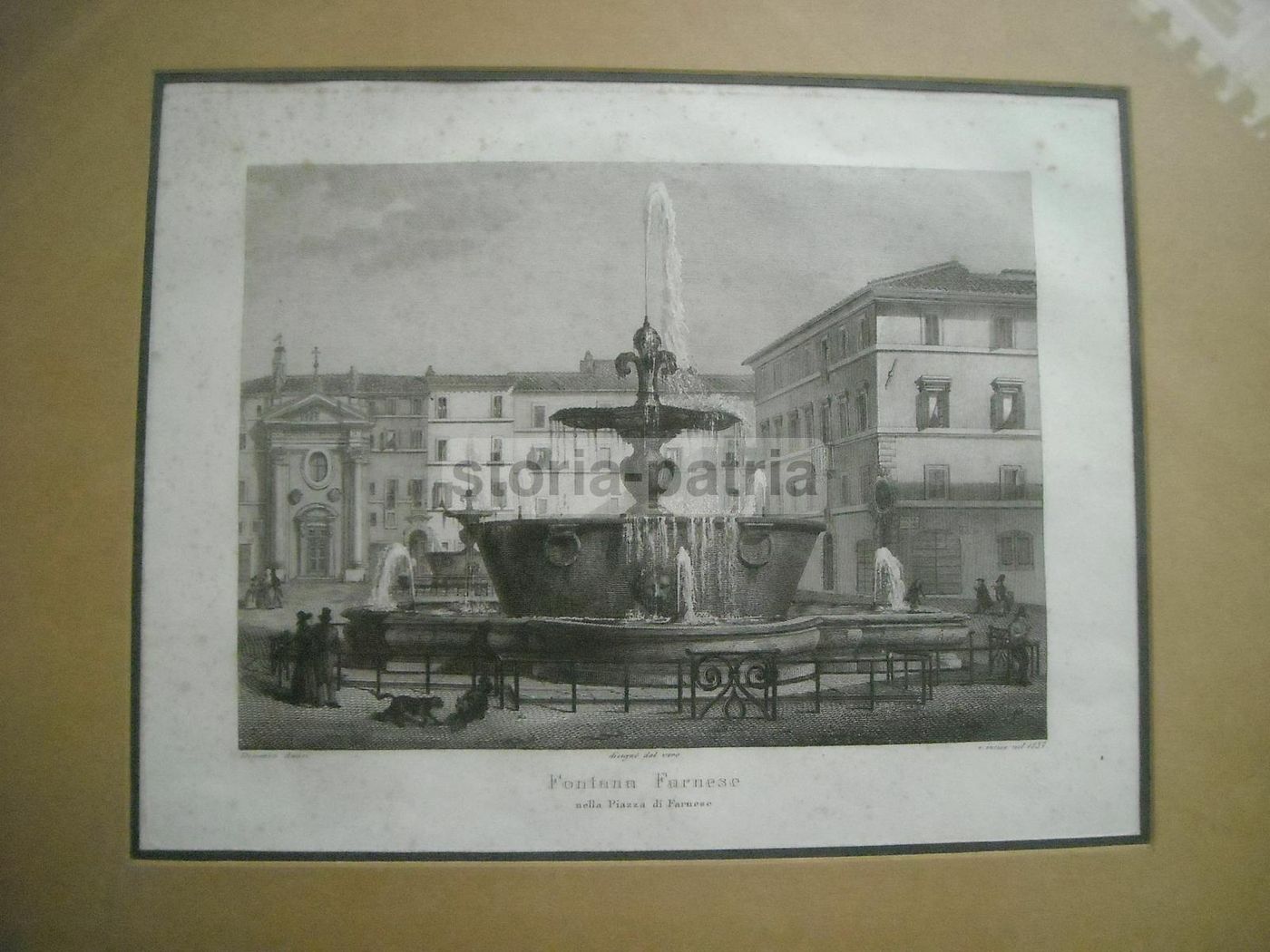 Incisione Fontana Farnese, Roma. Domenico Amici, 1837