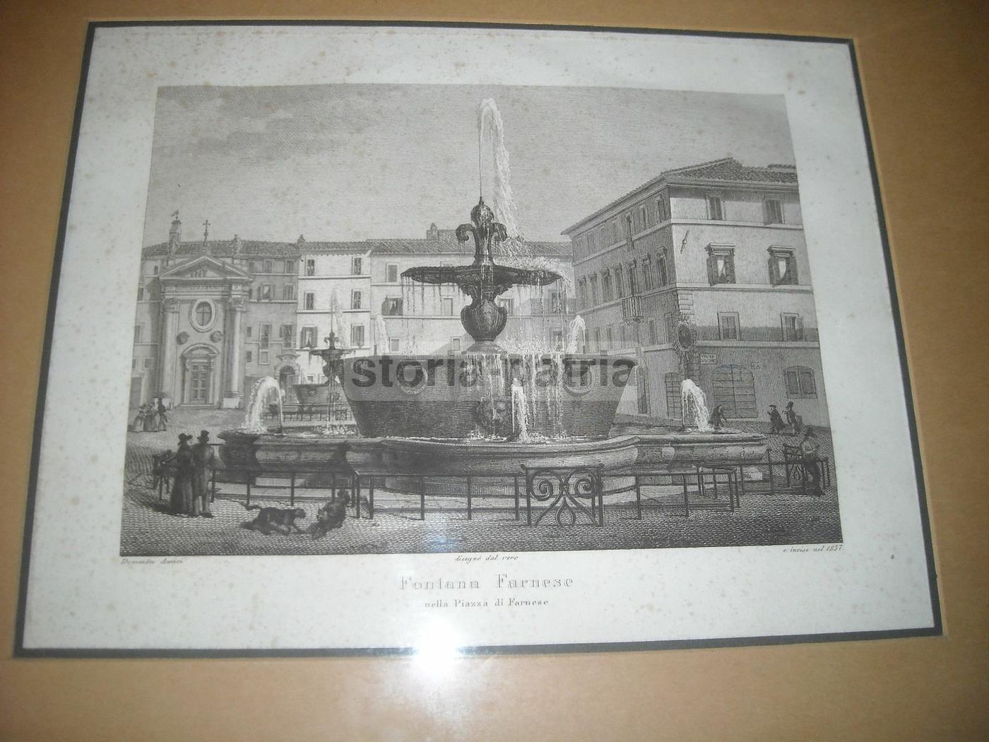 Incisione Fontana Farnese, Roma. Domenico Amici, 1837
