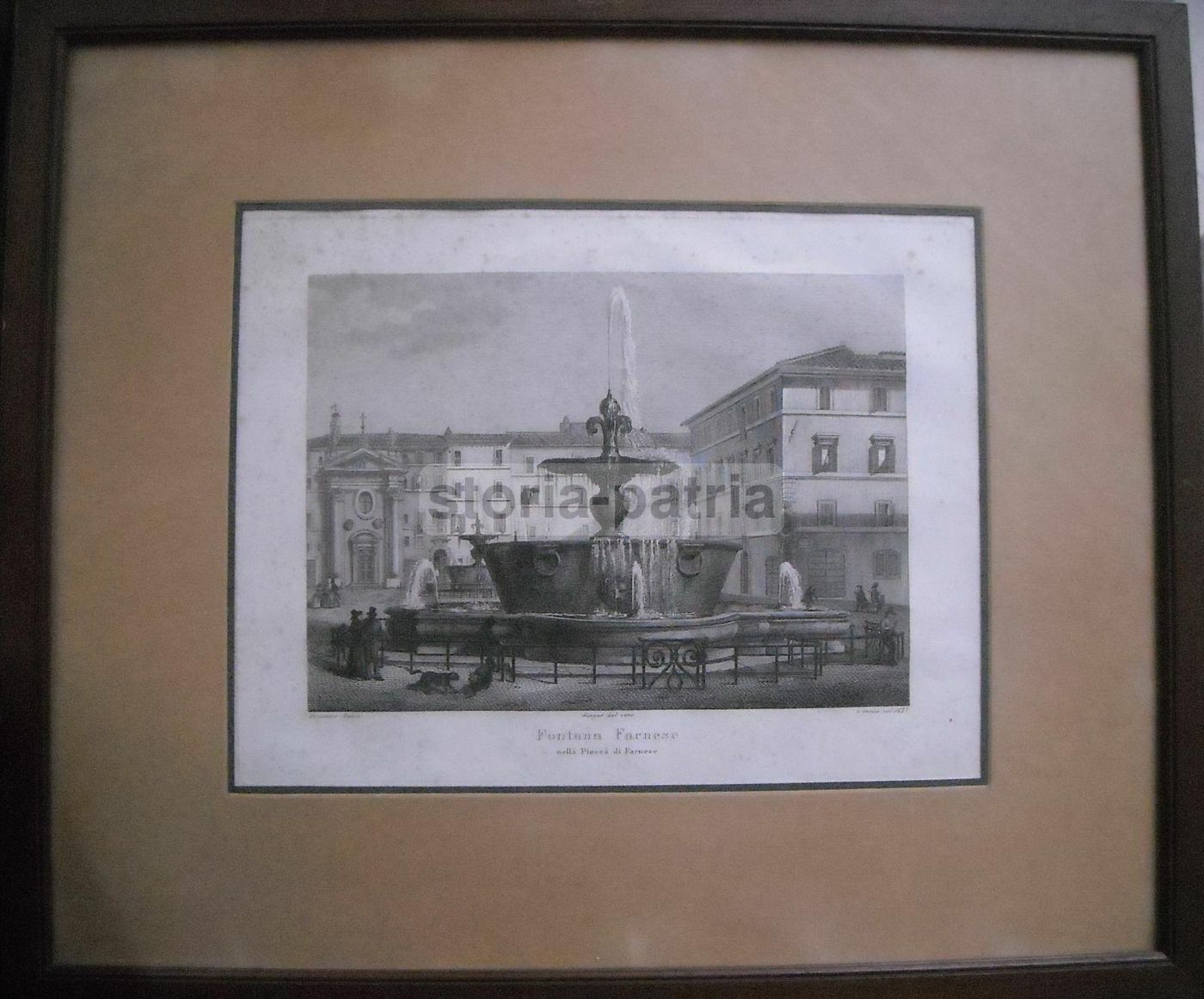 Incisione Fontana Farnese, Roma. Domenico Amici, 1837