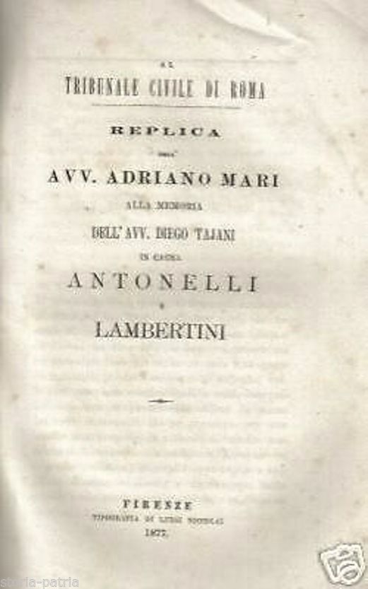 Causa Antonelli Lambertini: Filiazione Del Cardinale Giacomo Antonelli, 1877 (Mari   Tajani)