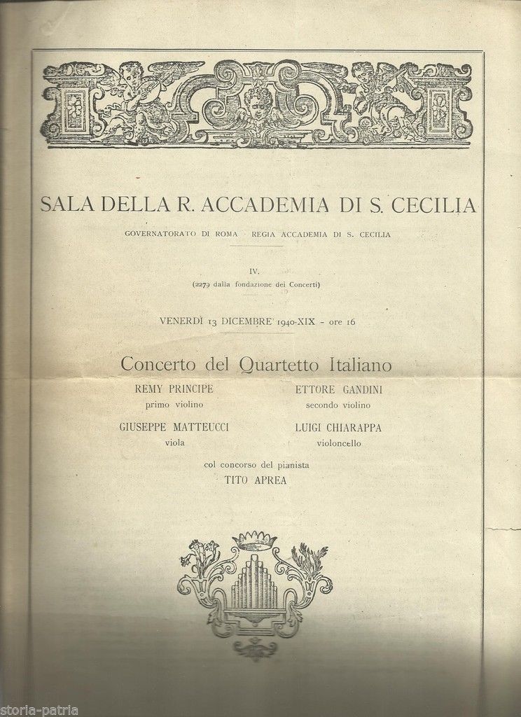 Programma Concerto Quartetto Italiano Roma 1940 Accademia S. Cecilia