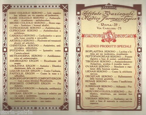 Calendarietto Farmacia Serono 1922, Roma: Pubblicità Farmaceutica