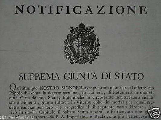 Notificazione Pontificia 1815: Fuga Del Papa Da Viterbo A Genova