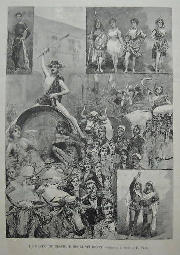 Fabbi: Baccanali Degli Studenti A Bologna, 1888. Stampa Antica Della Romagna