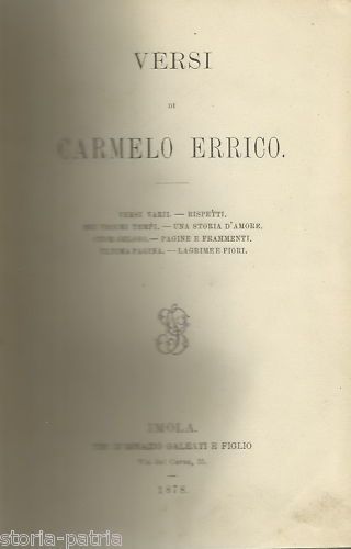 Versi Di Carmelo Errico, Imola 1878, Raccolta Poesie Ottocento