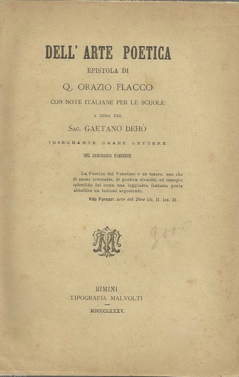 Arte Poetica Di Orazio Flacco, Dehò, Rimini 1885