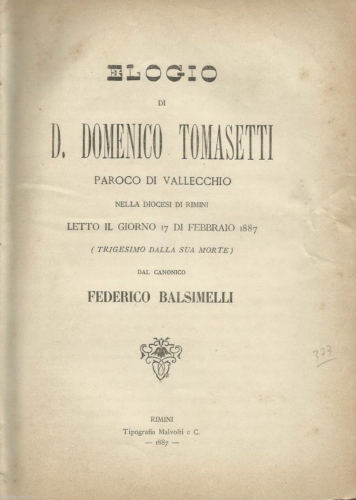 Elogio Di D. Domenico Tomasetti, Parroco Di Vallecchio, Rimini 1887