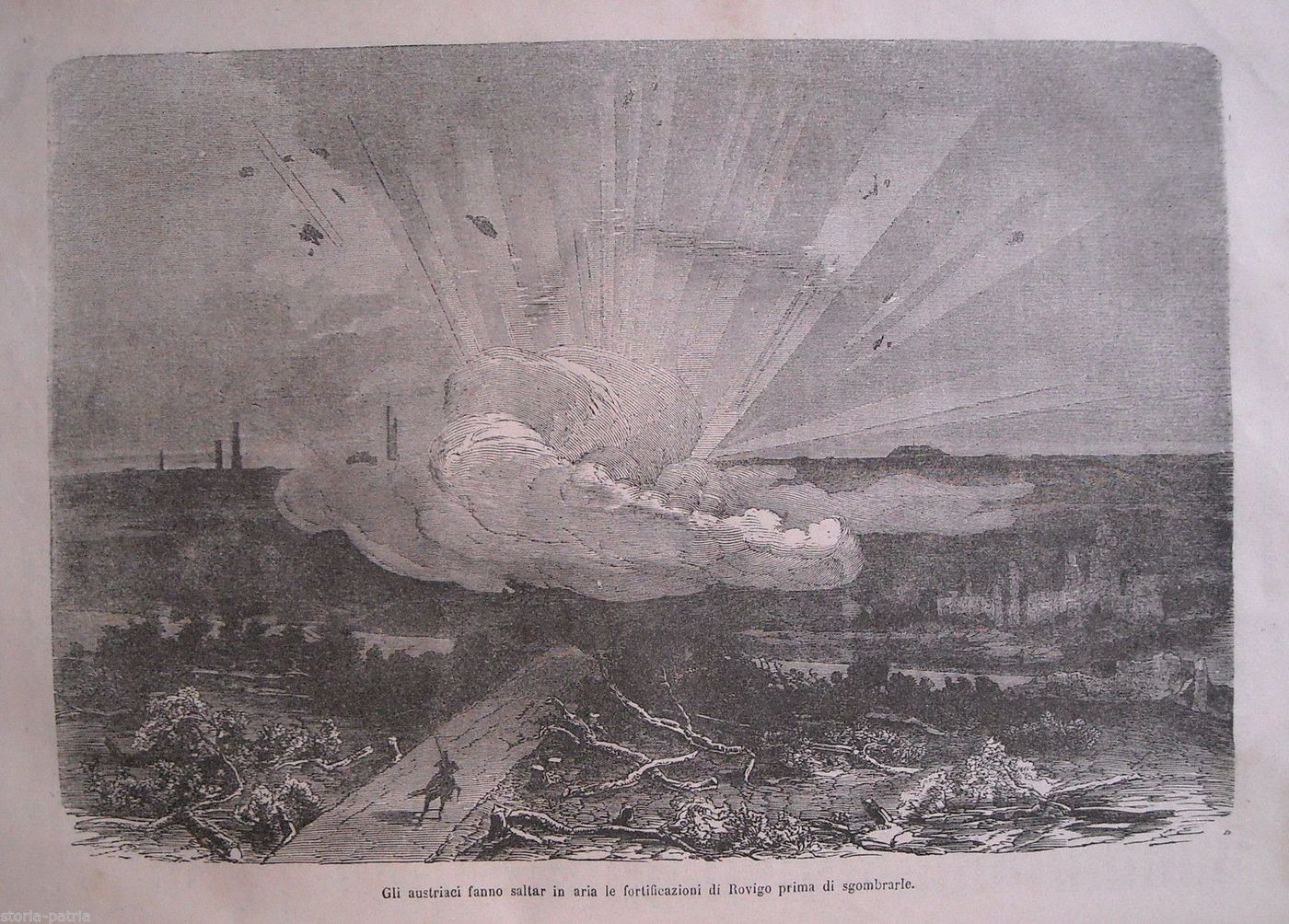 Rovigo 1866: Gli Austriaci Fanno Saltare Le Fortificazioni. Stampa Antica Xilografica.