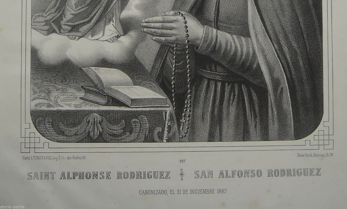 Sant'Alfonso Rodriguez. Litografia Antica. Rosario, Madonna, Turgis, XIX Secolo