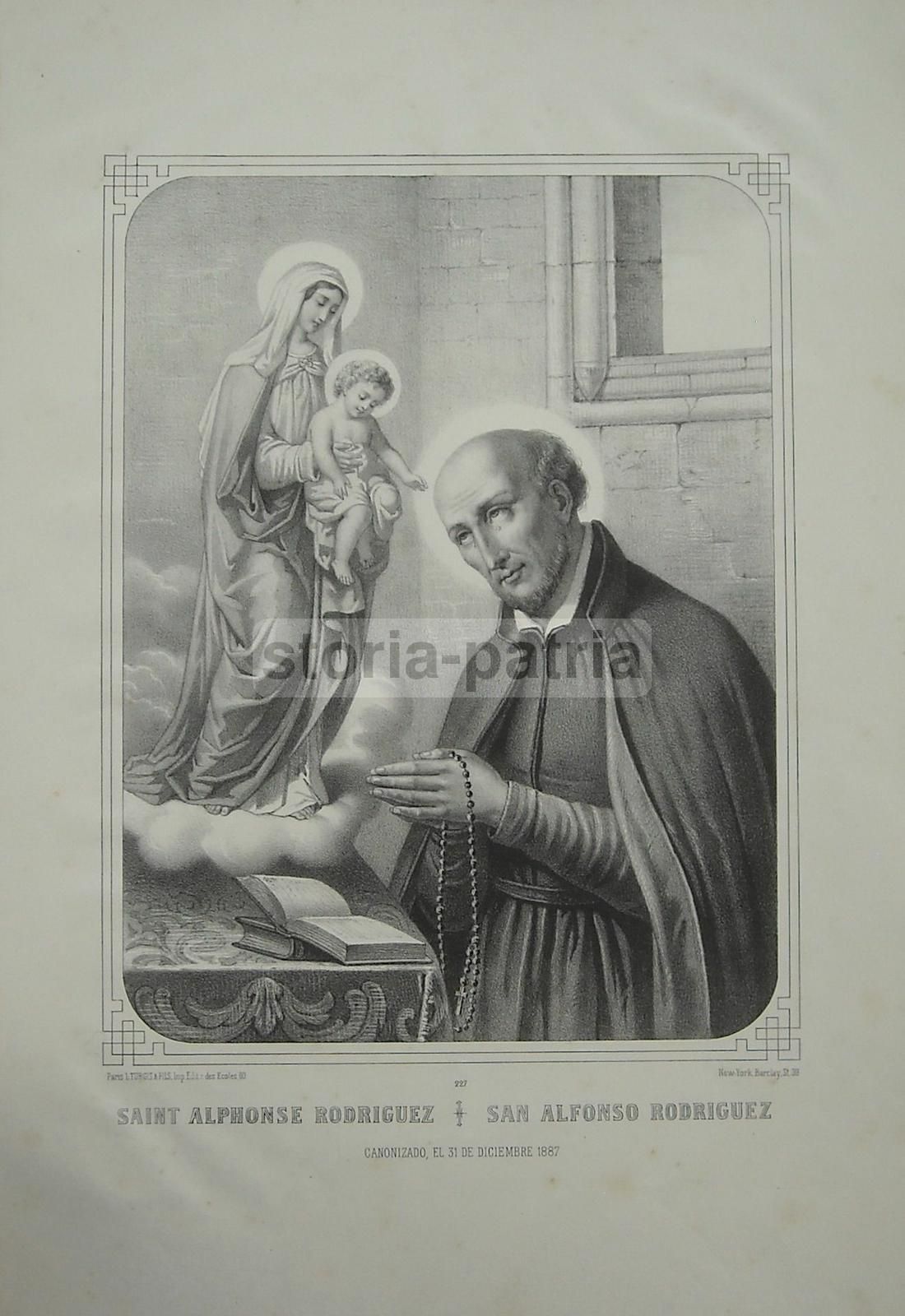 Sant'Alfonso Rodriguez. Litografia Antica. Rosario, Madonna, Turgis, XIX Secolo