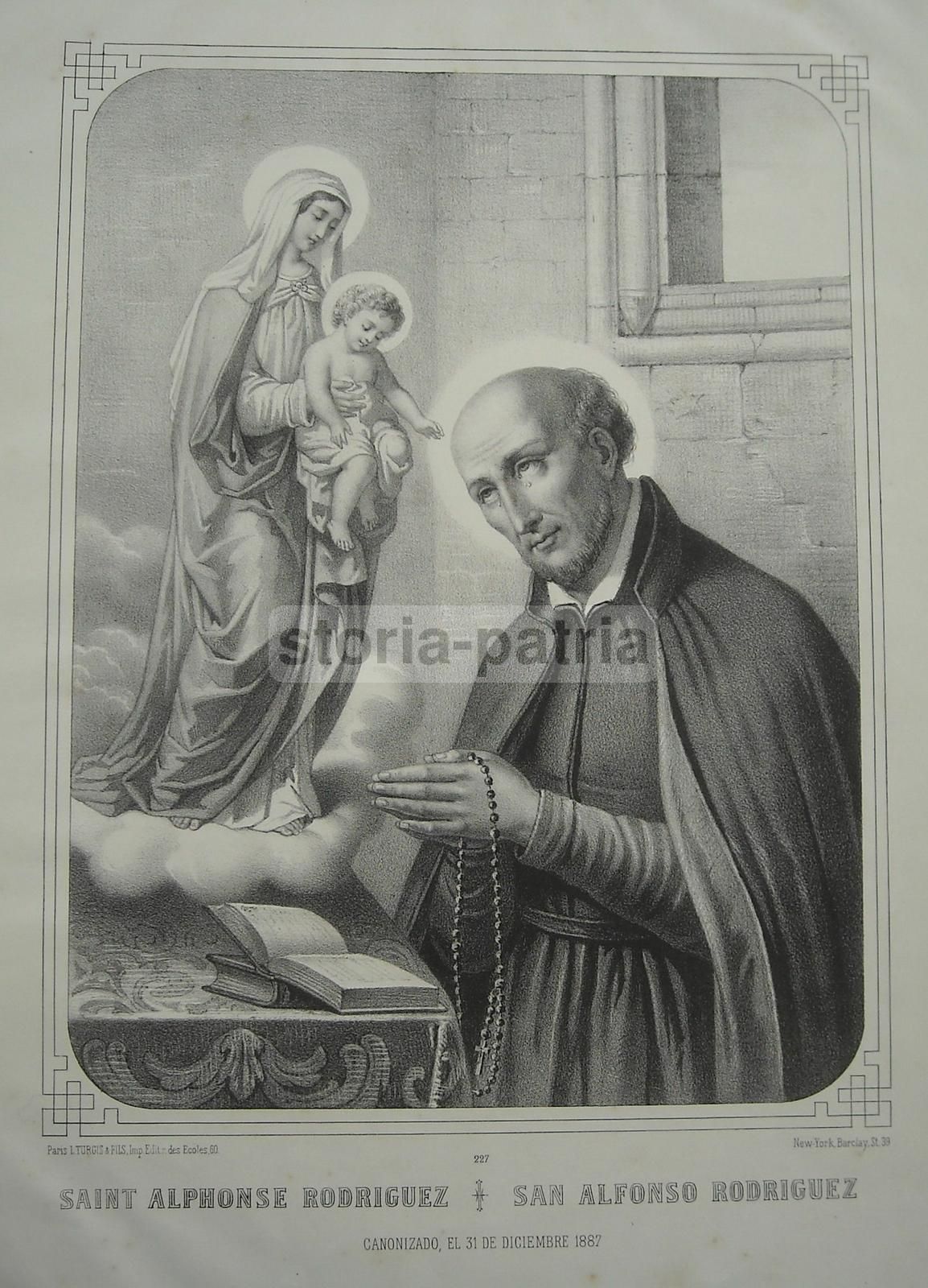 Sant'Alfonso Rodriguez. Litografia Antica. Rosario, Madonna, Turgis, XIX Secolo