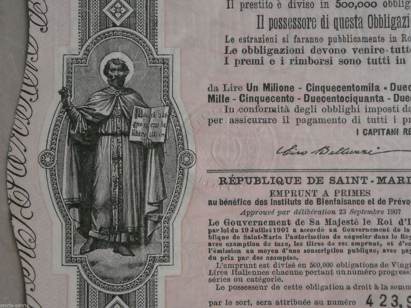 Prestito A Premi Repubblica Di San Marino 1908 Lotteria Beneficenza