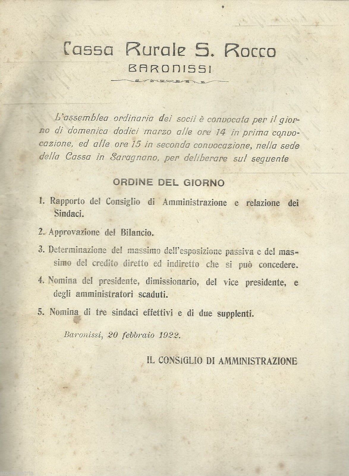 Volantino Cassa Rurale S. Rocco, Baronissi, 1922
