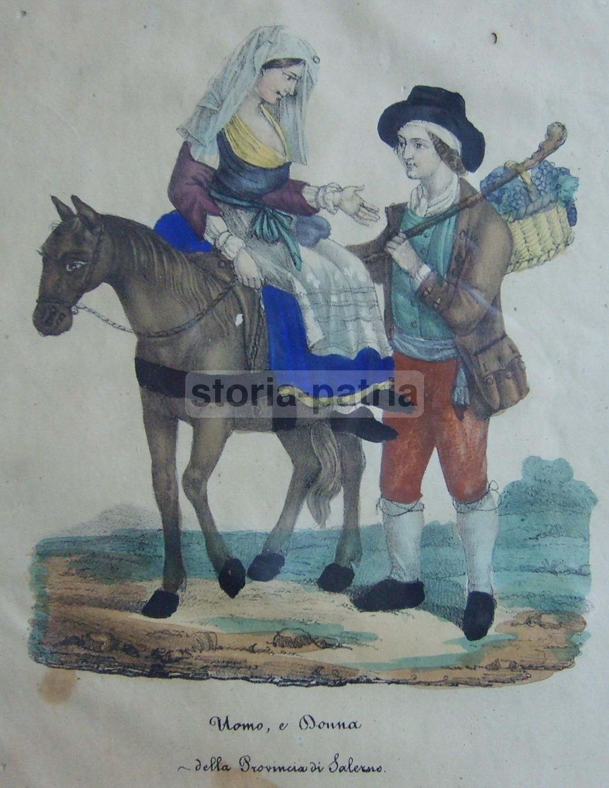 Litografia Costumi Popolari Salerno Metà 1800 Acquarellata Originale