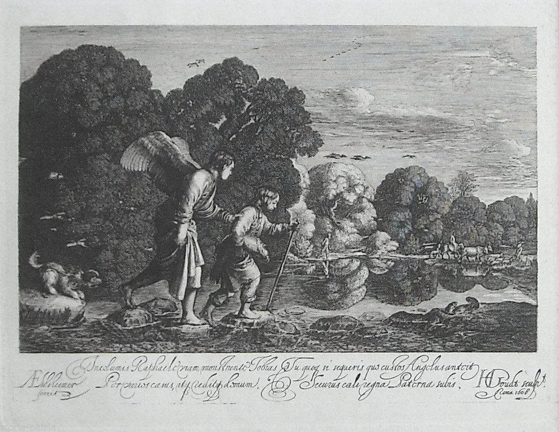 Antique Engraving, Saint Raphael and Tobias by Hendrick Goudt, 1608