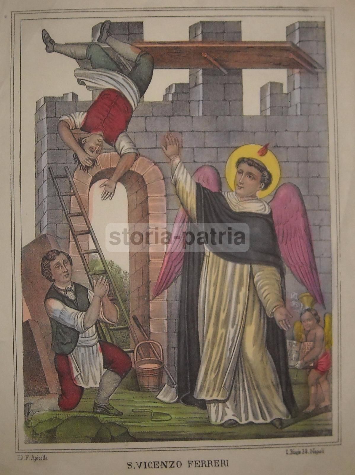 San Vincenzo Ferreri. Litografia Devozionale Napoletana, XIX Secolo. F. Apicella