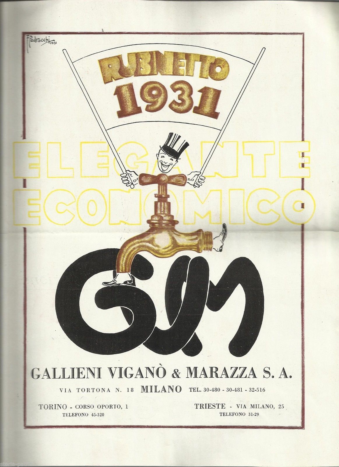 Volantino Pubblicitario Rubinetto GVM Pedrocchi 1931 Milano