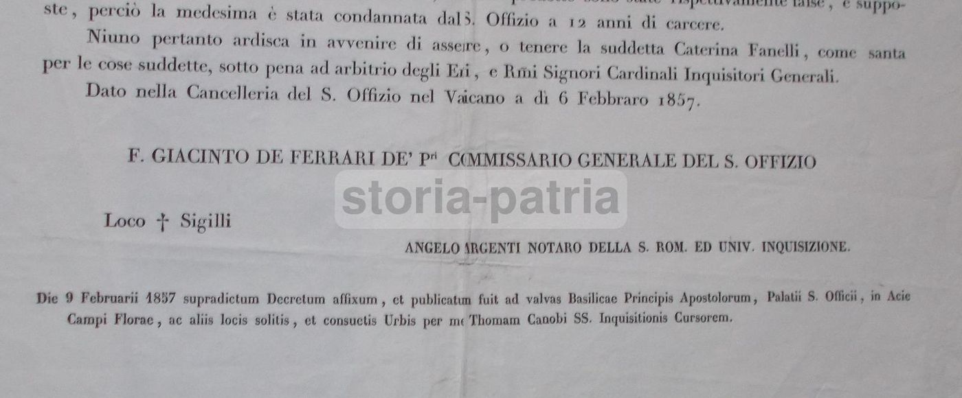 Decreto Della Santa Inquisizione Per Caterina Fanelli, 1857, Sora E Sezze