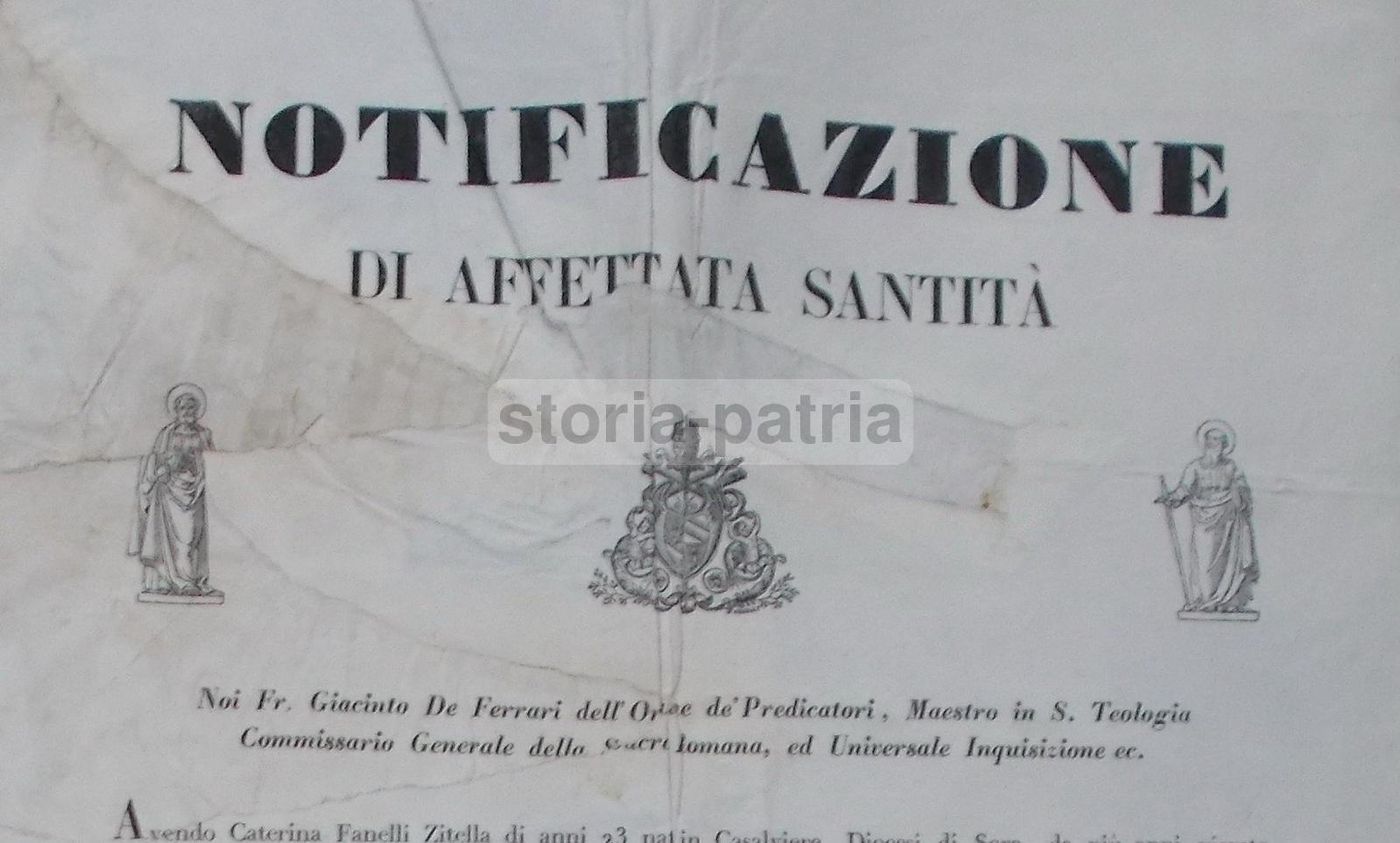 Decreto Della Santa Inquisizione Per Caterina Fanelli, 1857, Sora E Sezze