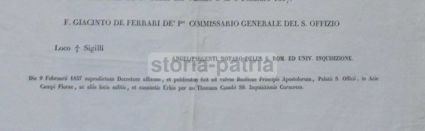 Decreto Della Santa Inquisizione Per Caterina Fanelli, 1857, Sora E Sezze