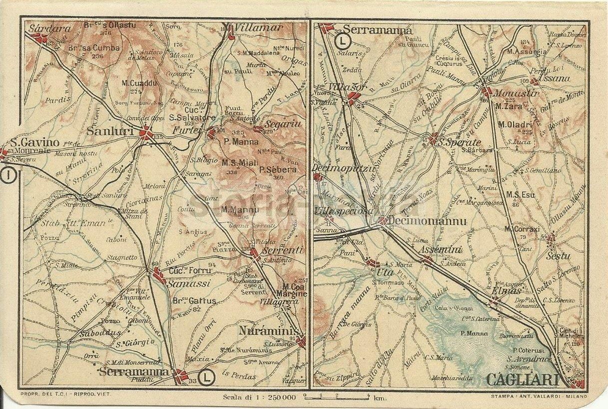 Mappa Antica Della Sardegna, Area Cagliari Sanluri, Vallardi 1920