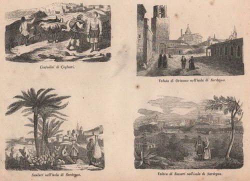Stampa Antica 1800 Sardegna: Cagliari, Sassari, Oristano, Sanluri