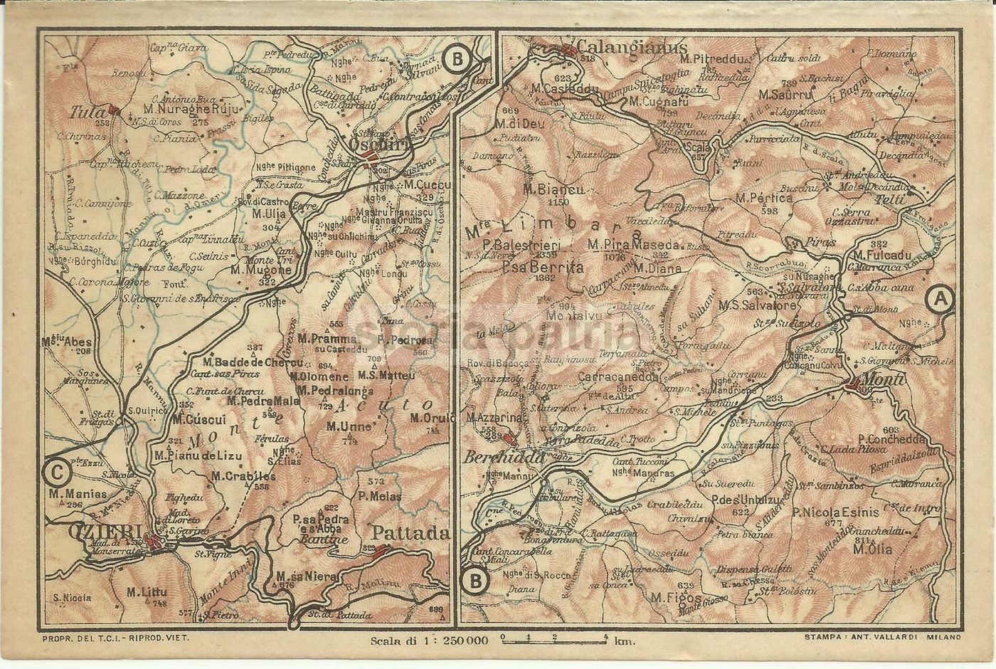 Mappa Antica Della Sardegna: Ozieri, Pattada, Calangianus E Monte Limbara