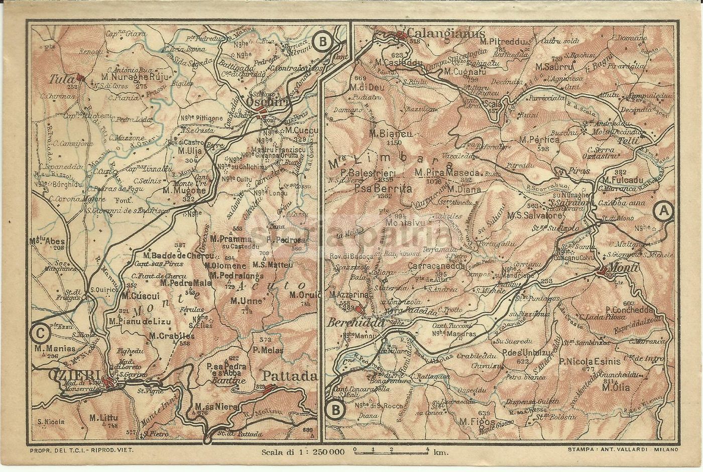 Mappa Antica Della Sardegna: Ozieri, Pattada, Calangianus E Monte Limbara
