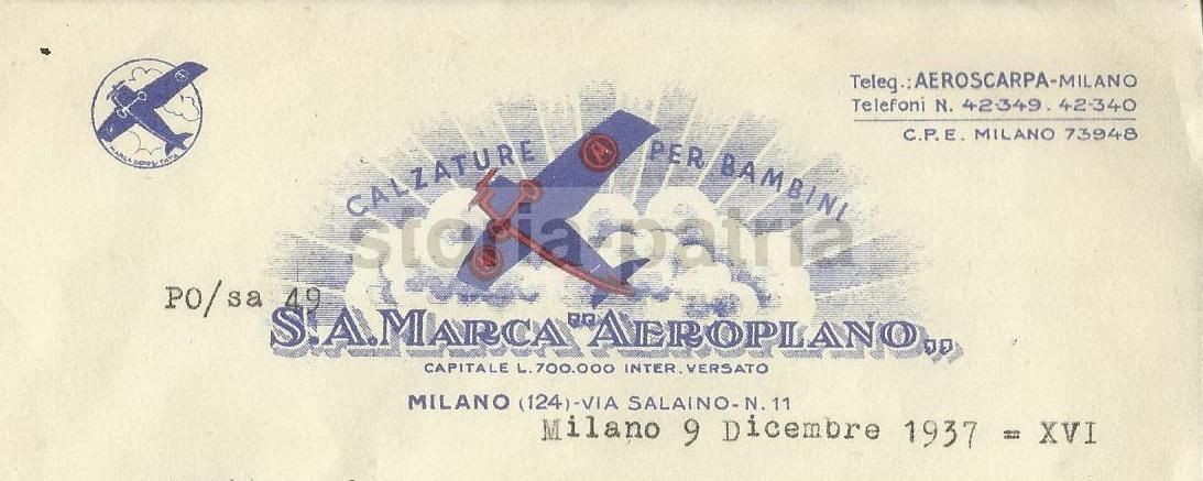 Carta Intestata S.A. Marca Aeroplano Calzature Bambini 1937