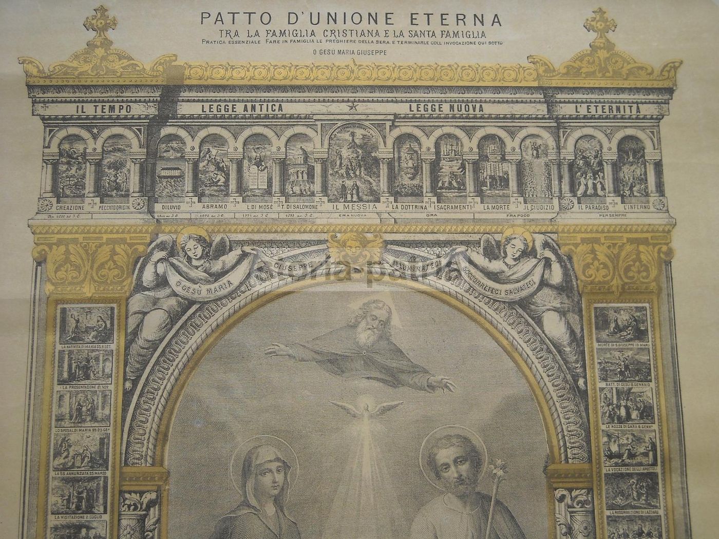 Stampa Devozionale Santa Famiglia Con Vignette Vita Di Gesù, XIX Secolo