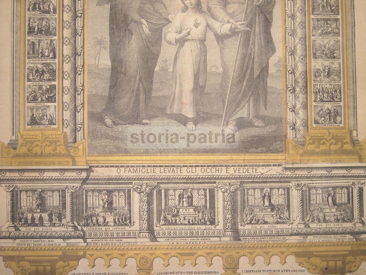 Stampa Devozionale Santa Famiglia Con Vignette Vita Di Gesù, XIX Secolo