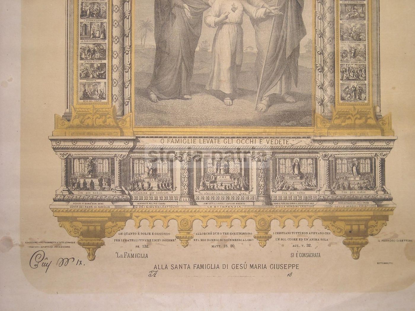 Stampa Devozionale Santa Famiglia Con Vignette Vita Di Gesù, XIX Secolo