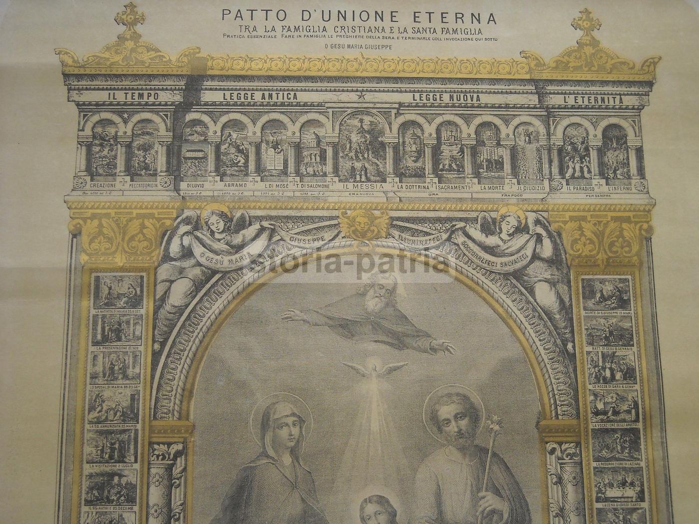 Stampa Devozionale Santa Famiglia Con Vignette Vita Di Gesù, XIX Secolo