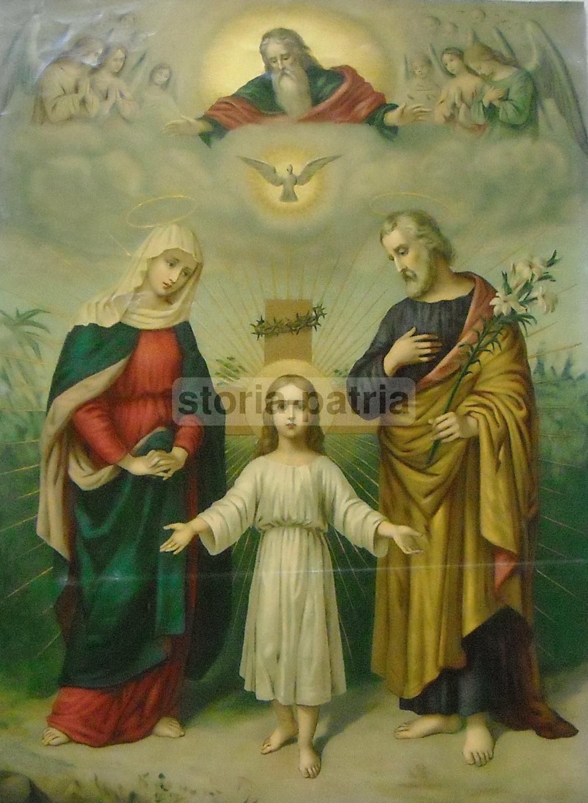 Stampa Devozionale Sacra Famiglia Con Gesù, Giuseppe E Angeli, XX Secolo