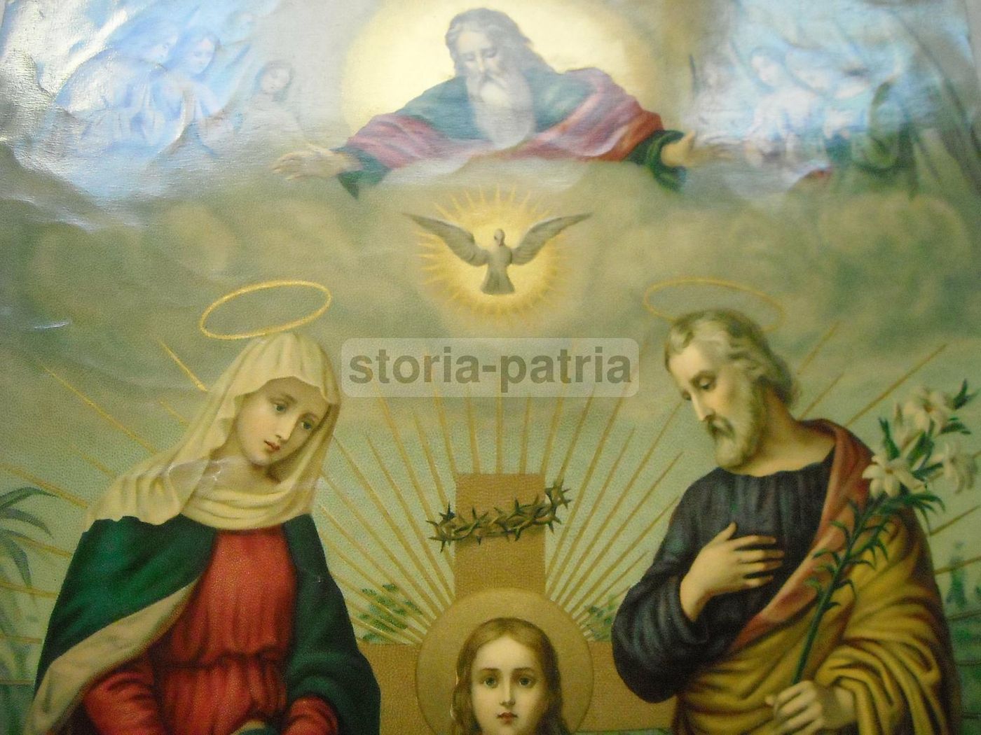 Stampa Devozionale Sacra Famiglia Con Gesù, Giuseppe E Angeli, XX Secolo
