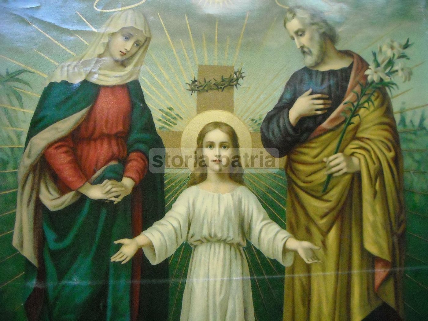 Stampa Devozionale Sacra Famiglia Con Gesù, Giuseppe E Angeli, XX Secolo