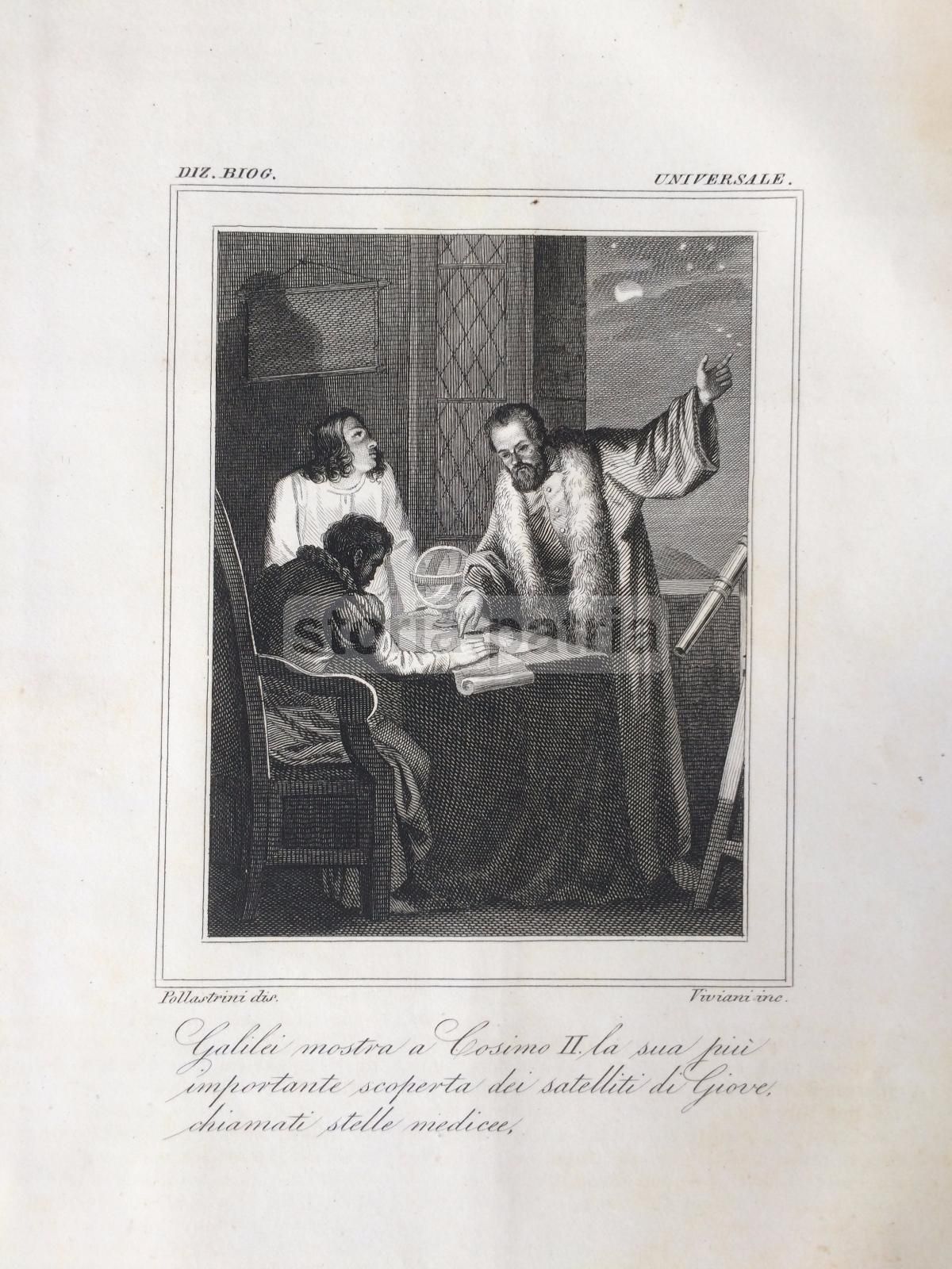 Incisione Galileo Galilei E Cosimo II De' Medici, Stelle Medicee, Viviani, 1840 Circa
