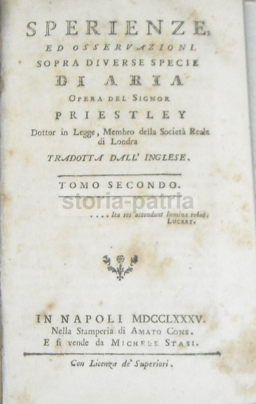 Priestley, Esperienze E Osservazioni Sopra Diverse Specie Di Aria (Napoli, 1784)