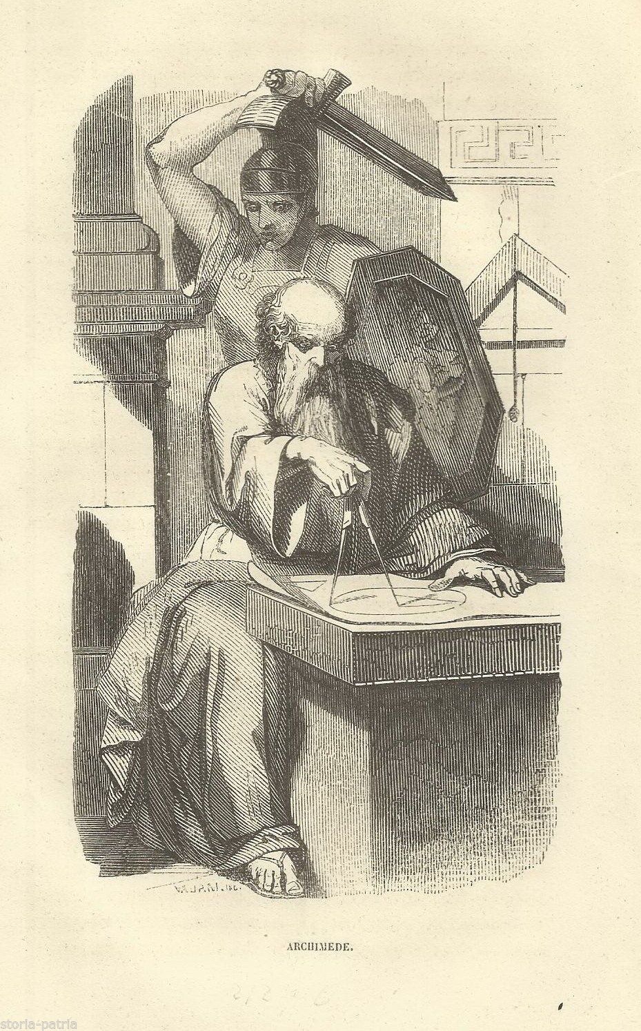 Archimede: Antica Stampa Xilografica (1856)   Cerchio E Compasso