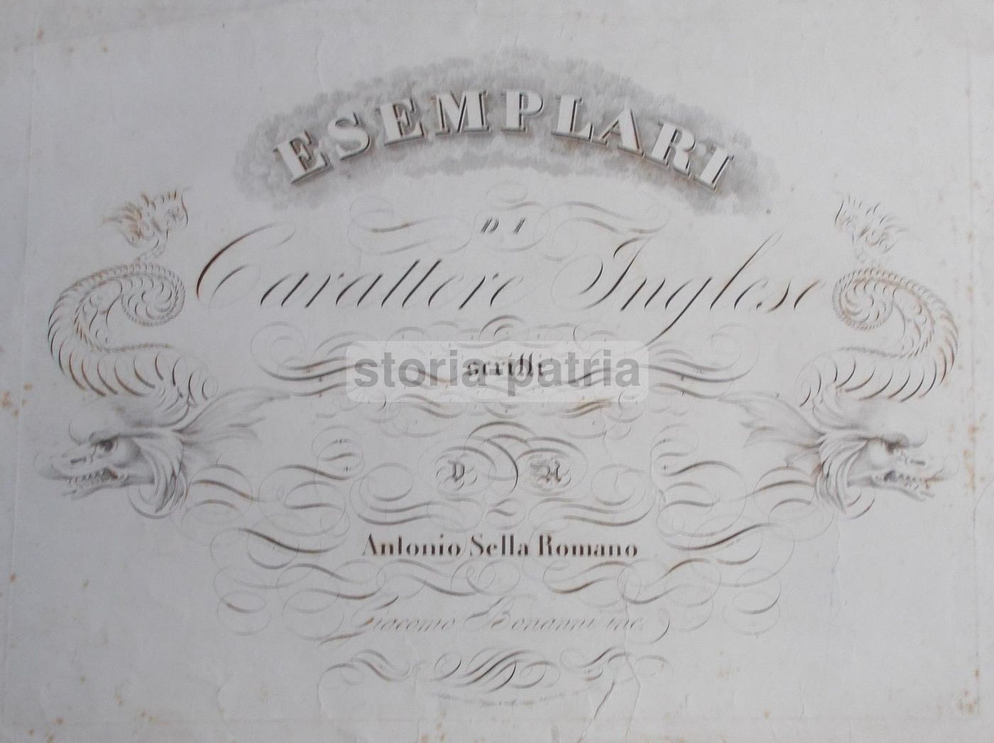Stampa Di Calligrafia In Carattere Inglese Con Draghi, Giacomo Bonanni E Antonio Sella, Prima Metà Del XIX Secolo