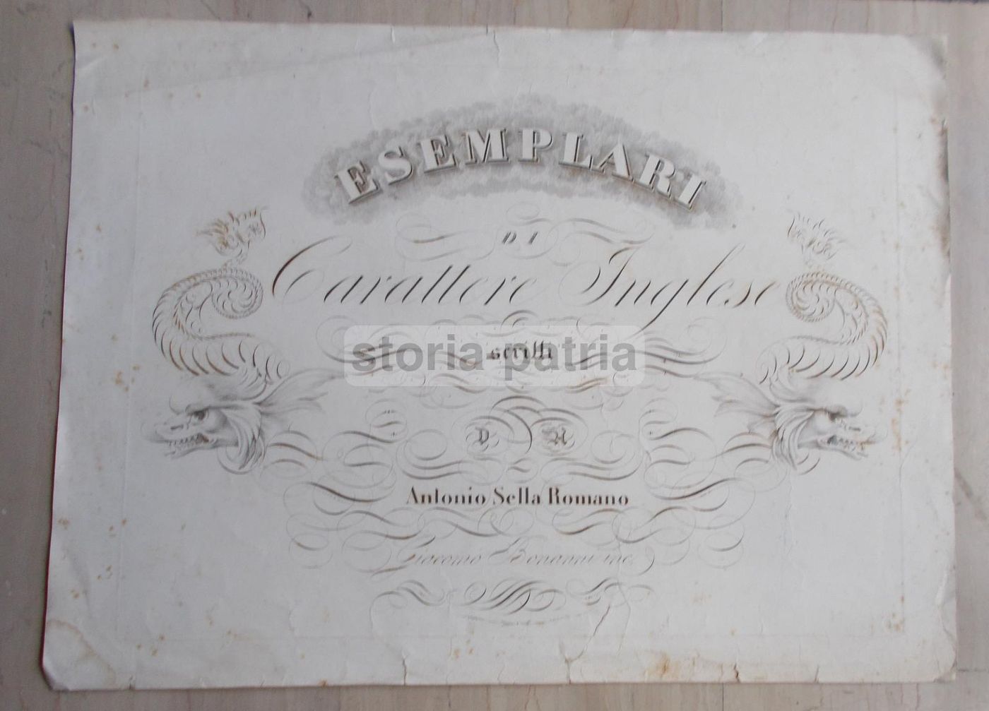 Stampa Di Calligrafia In Carattere Inglese Con Draghi, Giacomo Bonanni E Antonio Sella, Prima Metà Del XIX Secolo